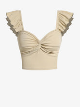 Beige Twist Front Ruffle Sleeve Ribbed Crop Top
