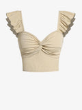 Beige Twist Front Ruffle Sleeve Ribbed Crop Top
