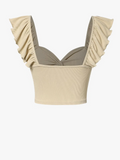 Beige Twist Front Ruffle Sleeve Ribbed Crop Top